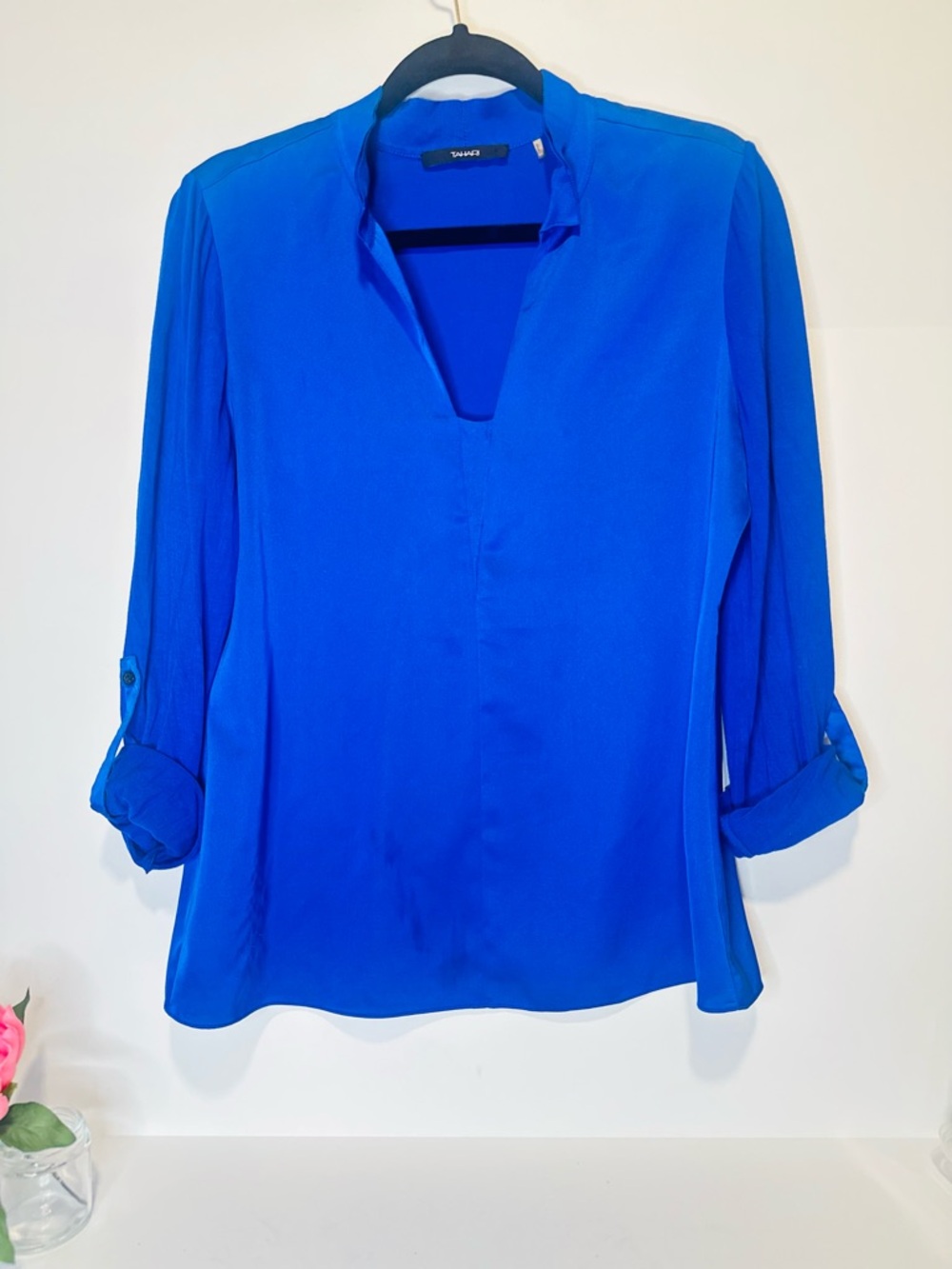 Tahari Flowy Coastal V-Neck Tunic Silk Blouse in Cobalt Blue